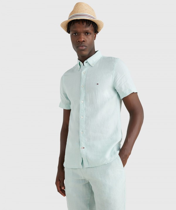Tommy Hilfiger Camicia in Lino PIGMENT DYED SHORT SLEEVE SHIRT Uomo verde