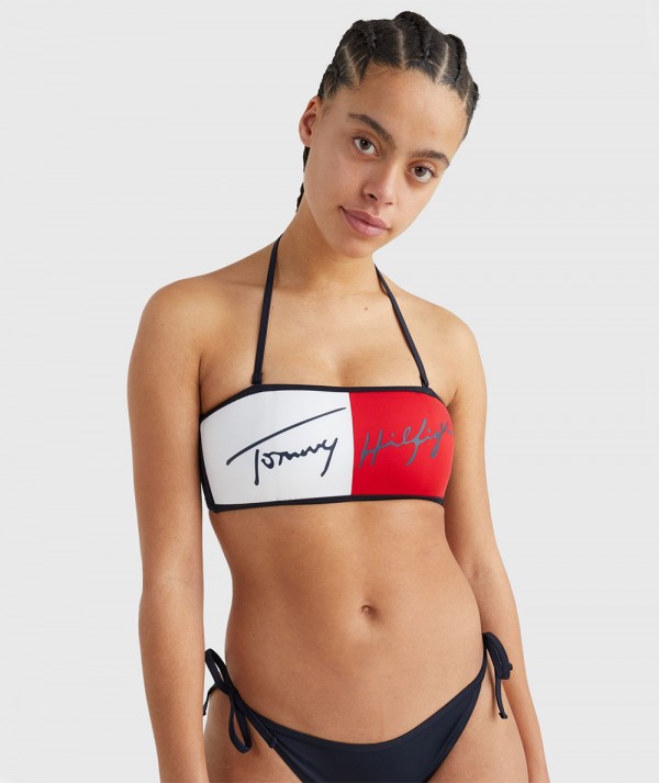 Tommy Hilfigher Top Bikini a fascia con firma Donna