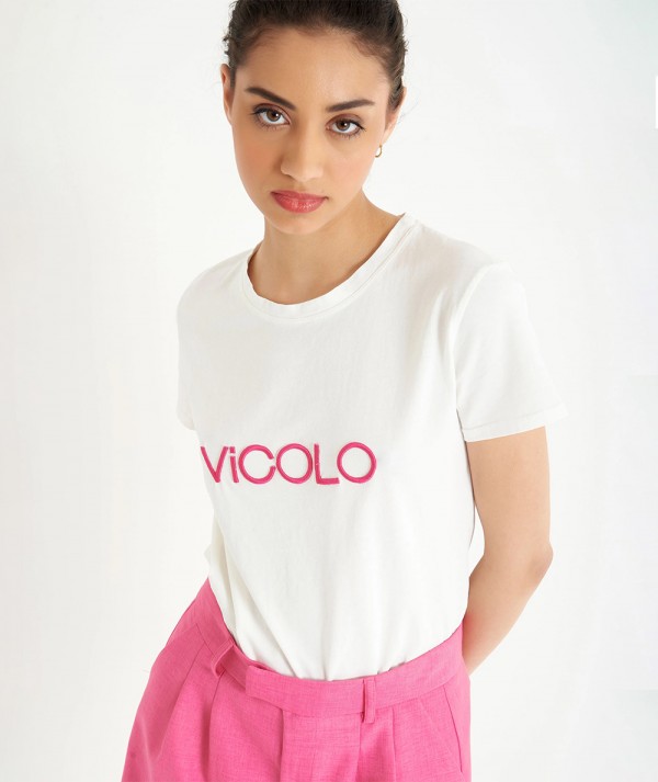 Vicolo T-Shirt bianca con logo ricamato Fucsia Donna