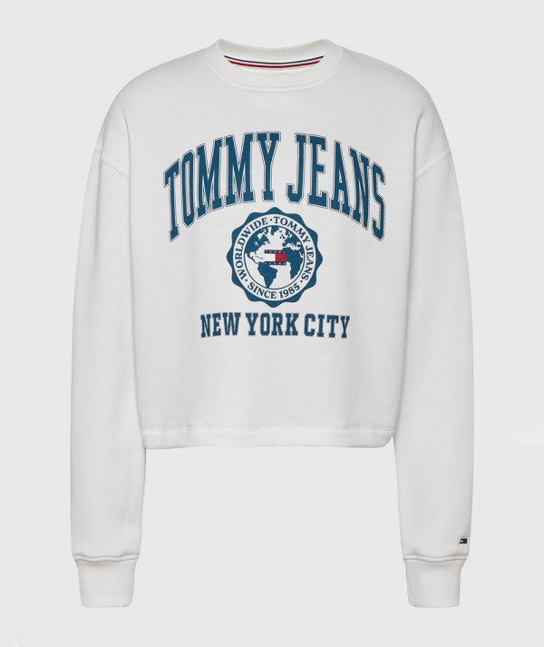 Tommy Jeans Felpa CROP COLLEGE con logo Donna - Ecru
