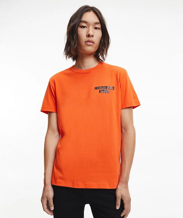 Calvin Klein Jeans T-Shirt Slim SEASONAL BLOCKED LOGO Coral Orange Uomo