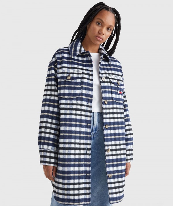 Tommy Jeans Cappotto Check Coat Bianco-Blu Donna