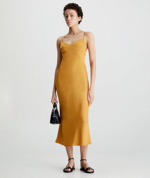 Calvin Klein Abito Sottoveste Midi In Satin Slim Vintage Gold Donna
