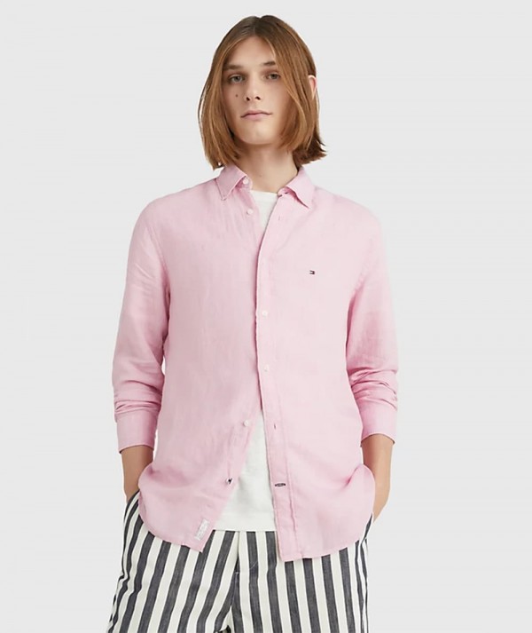 Tommy Hilfiger Camicia di Lino Pigment Dyed Rosa Uomo