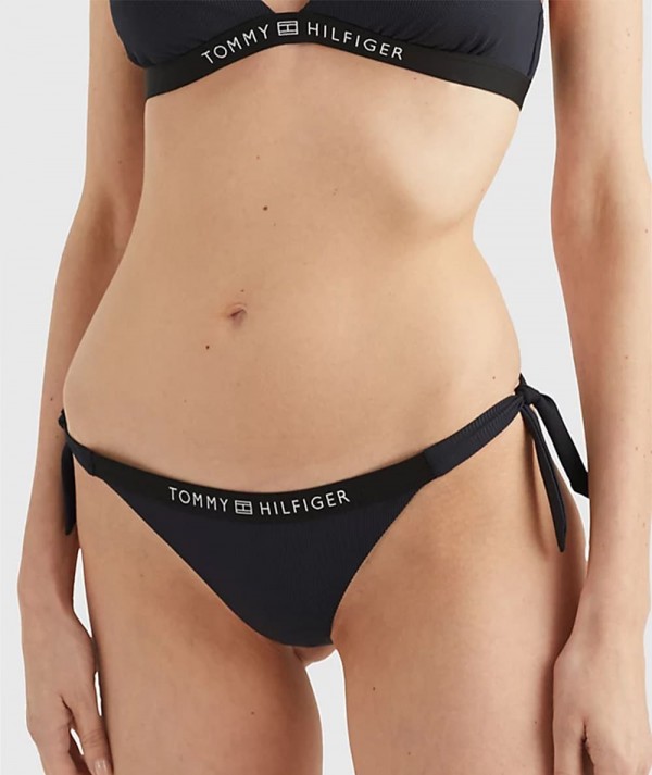 Tommy Hilfiger Slip Bikini Con Laccetti e Logo tono su tono Nero Donna