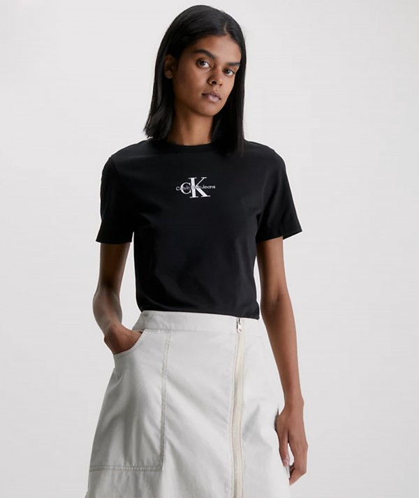 Calvin Klein Jeans T-Shirt Slim con Logo Monogram Nera Donna