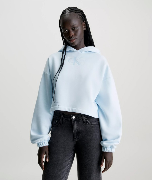 Calvin Klein Jeans Felpa crop con cappuccio e logo In Paillettes Donna