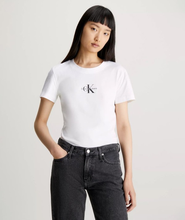 Calvin Klein Jeans T-Shirt Slim con Monogramma Bianca Donna