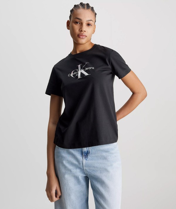 Calvin Klein Jeans T-Shirt Con Logo Iridescente Nera Donna