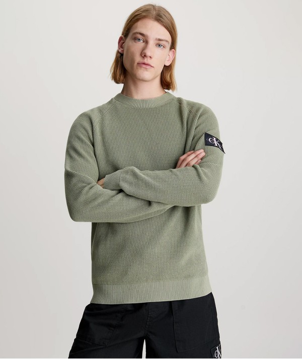 Calvin Klein Jeans Maglione Con Stemma In Cotone Waffle Verde Uomo