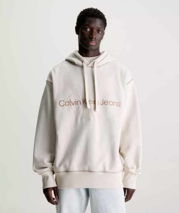Calvin Klein Jeans Felpa Con Cappuccio Oversize E Monogramma Ivory Uomo